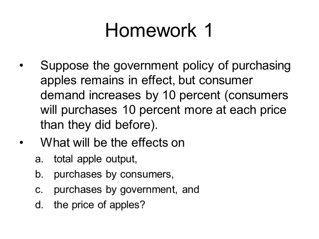 Homework 1 Suppose the government policy of purchasing apples remains in effect, but consumer